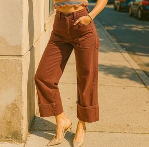 RISEN High-Rise 90s Denim Pants Straight Leg Utility Carpenter Wide Cuff Cropped